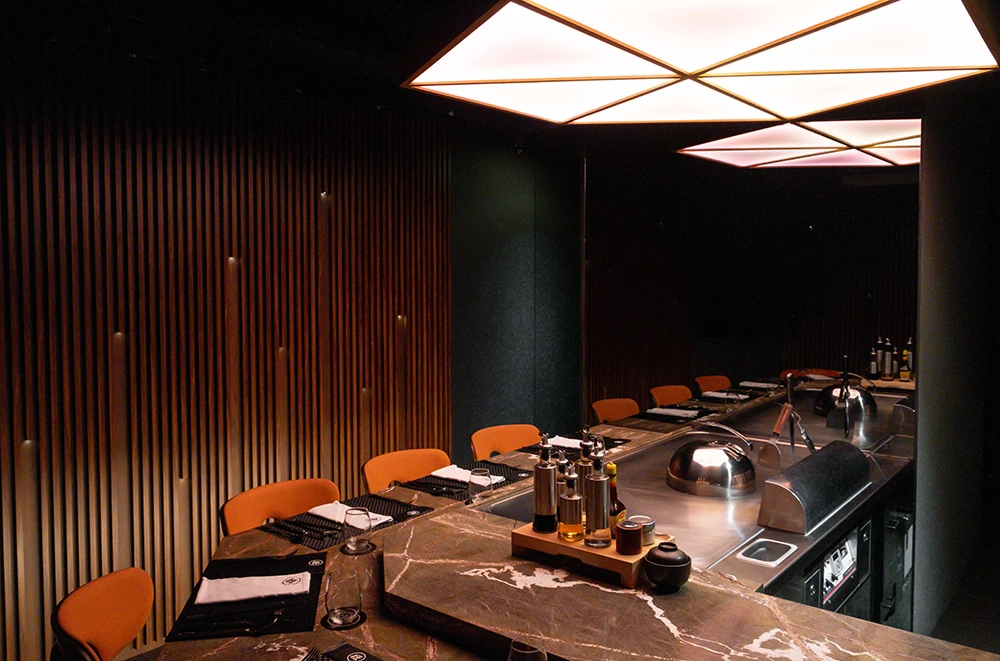 天花板上懸掛的六角形燈具呼應晶體的幾何語彙