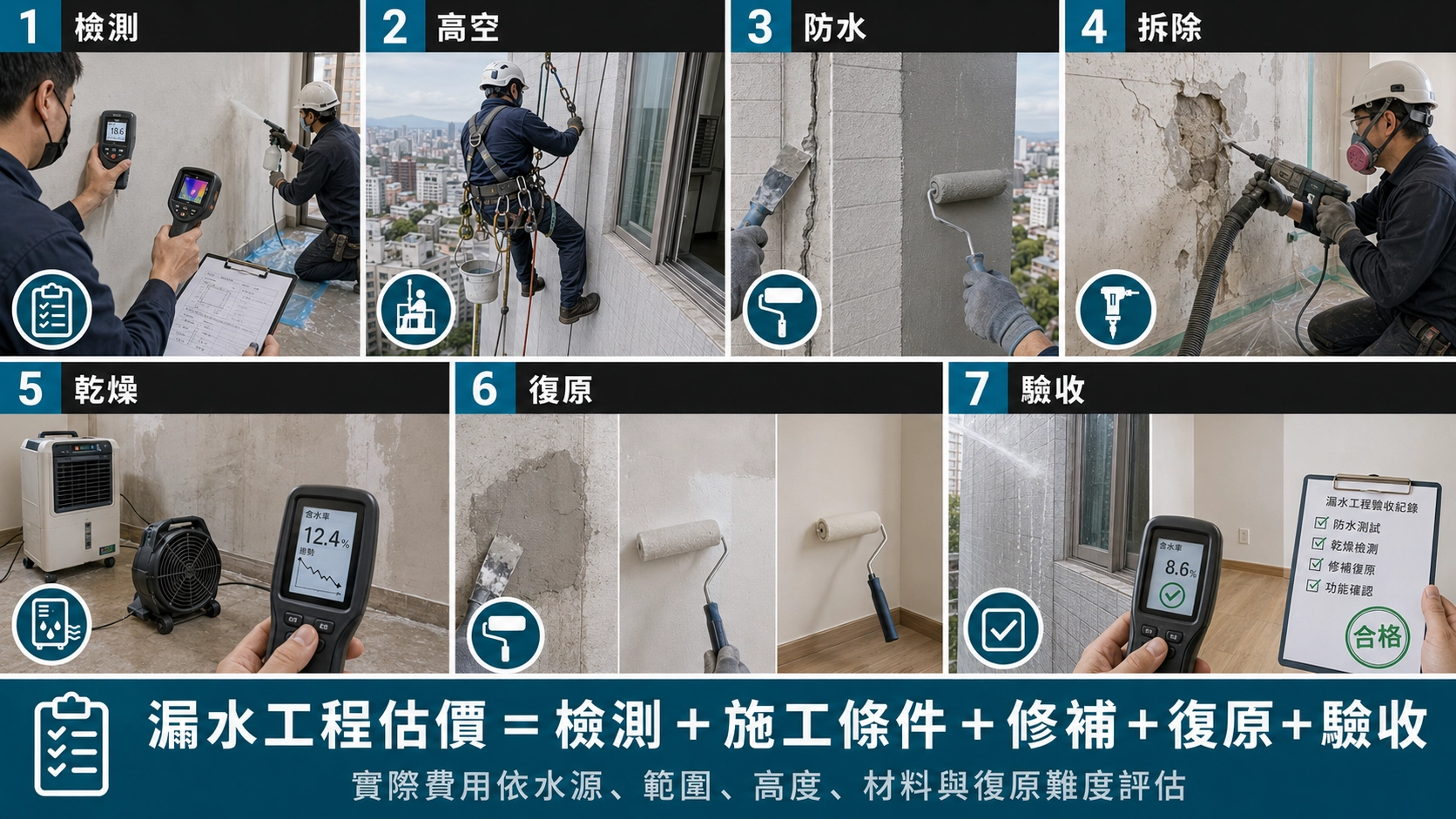 漏水工程估價拆成檢測、高空、防水、拆除、乾燥、復原與驗收七個成本模組